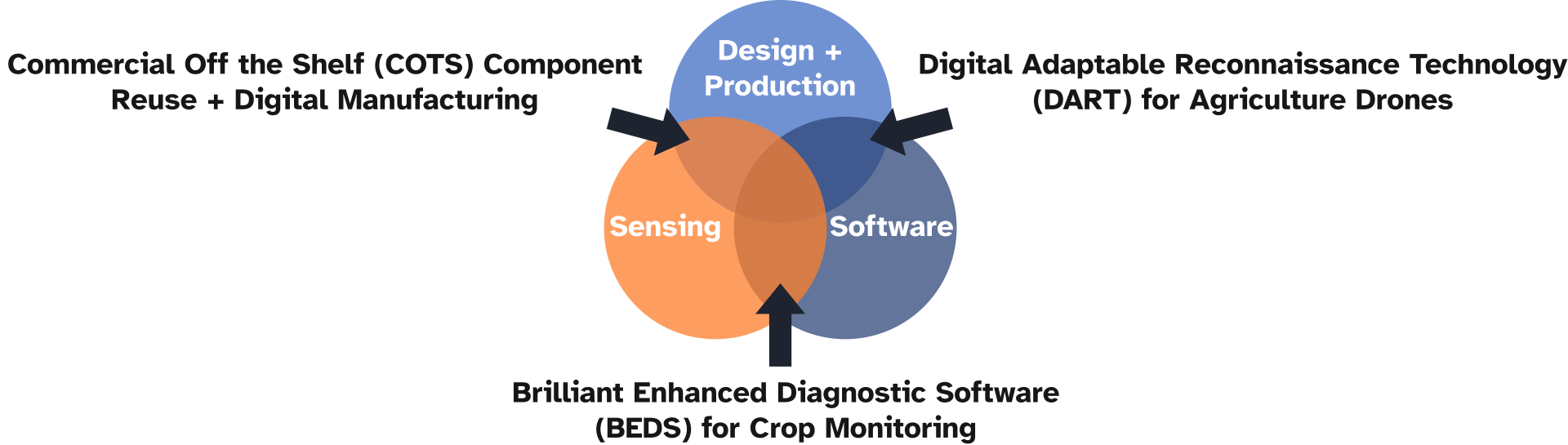 Three-circle Venn Diagram with Design and Production, Sensing, and Software in the 3 main circles. In the intersection between design and production and software, the text reads “Digital Adaptable Reconnaissance Technology (DART) for Agriculture Drones. In the intersection between software and sensing, the text reads “Brilliant Enhanced Diagnostic Software (BEDS) for Crop Monitoring”. In the intersection between sensing and design + production, the text reads “Brilliant Enhanced Diagnostic Software (BEDS) for Crop Monitoring”.