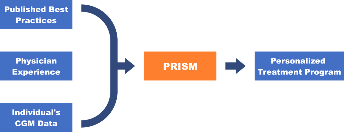Flowchart of PRISM process. Published best practices, physician experience, and individual CGM data go into PRISM, and PRISM creates a personalized treatment program from the data.