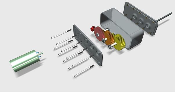 Picture of an exploded view of a 3d render of a transparent case robot gear box